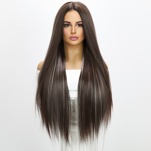 30-inch | Dark Brown Highlight Straight  hair T part Lace Front Wigs | SM9112