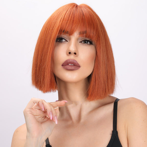 12-inch | Orange | Short Straight Wig with Hair Bangs | SM9877