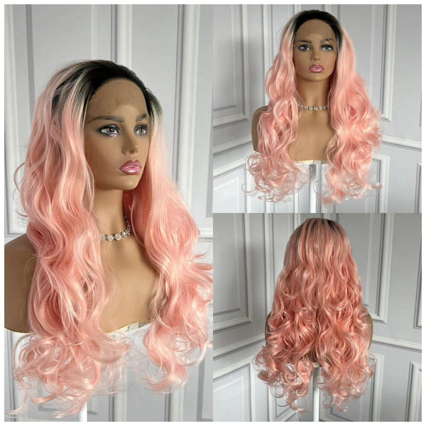 Ombre Black to Pink Wig Synthetic Wigs for Women Long Natural Wave  Wigs Natural Looking (Ombre Black to Pink)