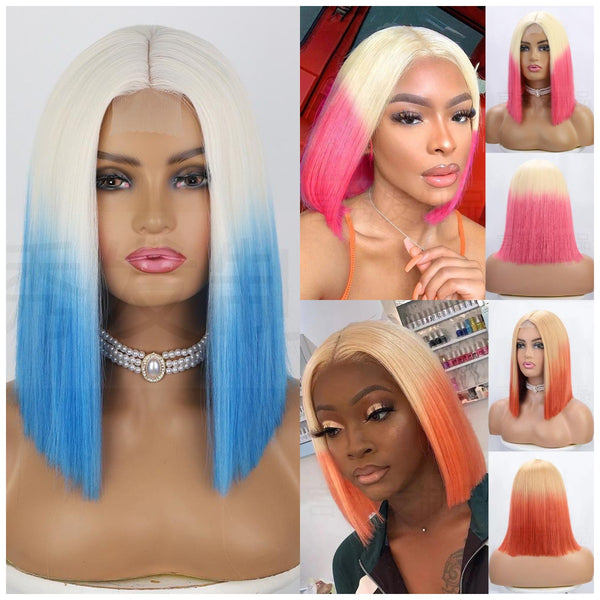 Icey Orange, Pink, Blue Gradient Short Straight Bob Mid-Part Lace Front Synthetic Wigs