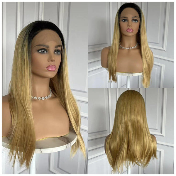 Leanna lace Front Ombre Blonde Wig for Women Middle Part Long Synthetic Straight Blonde Wig for Daily Party Cosplay Use